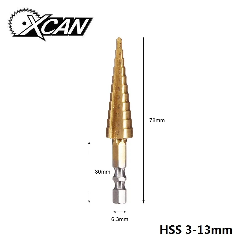 XCAN 3-13 4-12 4-20 4-32 мм HSS с титановым покрытием Ступенчатое сверло аксессуары для электроинструментов конусное сверло для дерева и металла - Цвет: 1pc 3-13mm