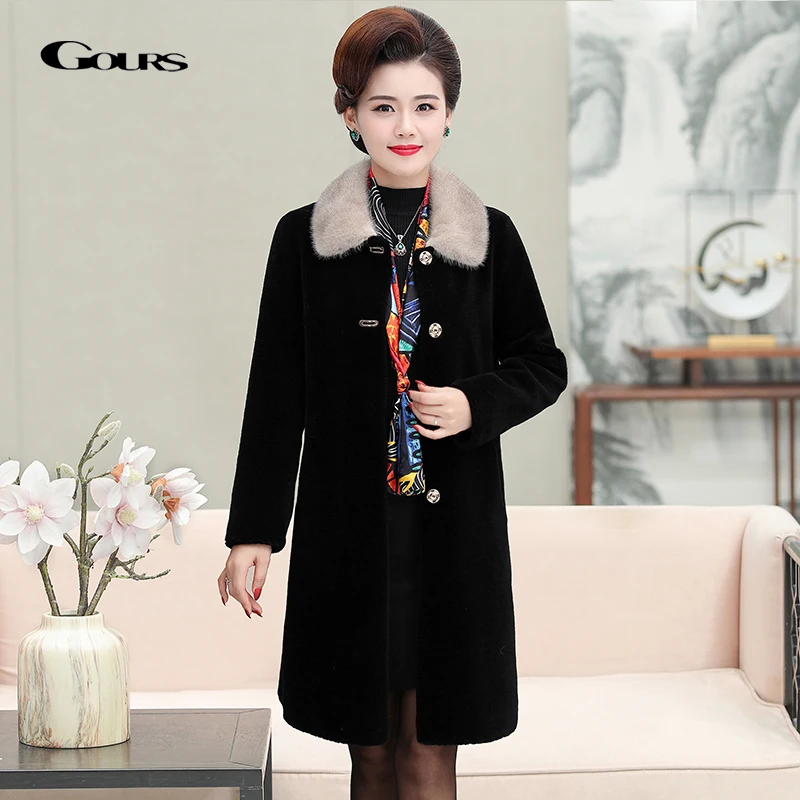 

GOURS Winter Genuine Shearling Jacket Women Wool Real Fur Long Coat Natural Mink Fur Collar Thick Warm 2020 New Plus Size LD1975