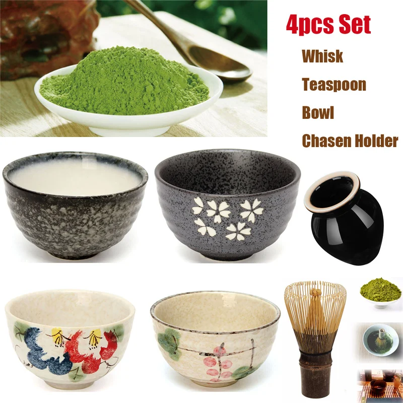 Keepaty accesorio de ceremonia de té para hacer matcha Juego de 4 tazas de té japonés Matcha con batidor de 100 puntas cuchara tradicional cuchara de té y tazón de cerámica Matcha 