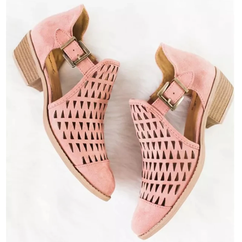 

Woman Cut-Outs Pumps Ankle Strap Solid Round Toe Female Low Square Heels Spring Autumn Breathable Casual Women Shoes Plus Size