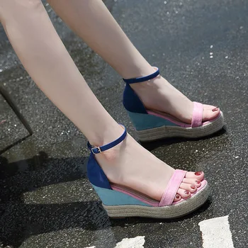 

Female Sandal Multicolored Sandals Clogs Wedge Heel Shoe Thick Straw Shoes Women High Heels Ladies On With Closed Handmade For