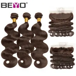Beyo светло коричневый фронтальная с средства ухода за кожей волна пучки перуанские волосы Связки с синтетическое закрытие волос #4