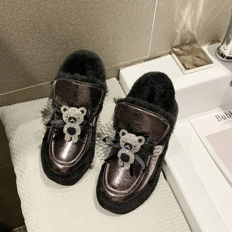 W-Яркий стильный комплект одежды; красивая теплая одежда; дикий износ плюс бархат повседневные однотонные туфли без застежек Мокасины с милым медведем русские теплые женские сапоги