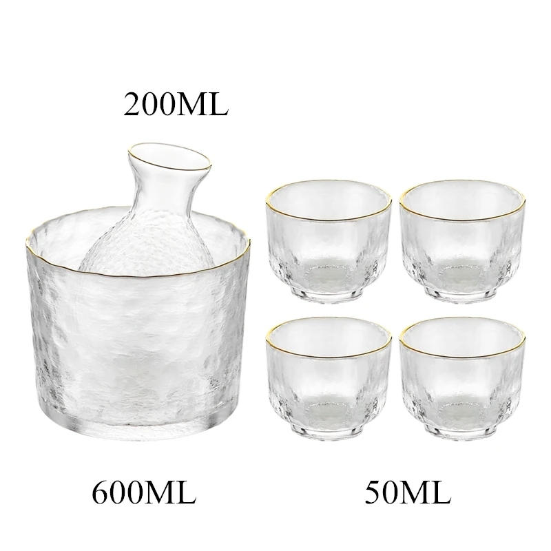Japanese Sake Set Hammer Pattern Glass Gold Rimmed Cup Wine Warmer Korean Soju Cup Tequila Pot Whisky Domestic Wine Set