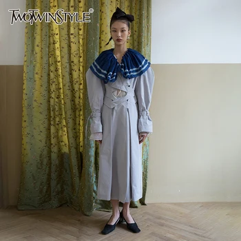 

TWOTWINSTYLE Vintage Patchwork Hollow Out Windbreaker Jacket For Women Lapel Long Sleeve High Waist Casual Midi Jackets Female