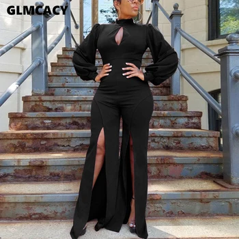 

Women Sexy Turtleneck Hollow Out Puff Sleeve Jumpsuits Streetwear Solid Loose Long Sleeve Full Length Pants Women Jumpsuit