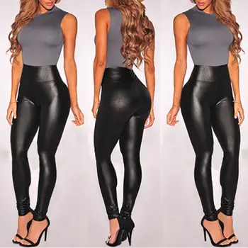 

Sexy Women Long Black Leggings PU Leather High Waist Stretch Slim Skinny Pencil Pants