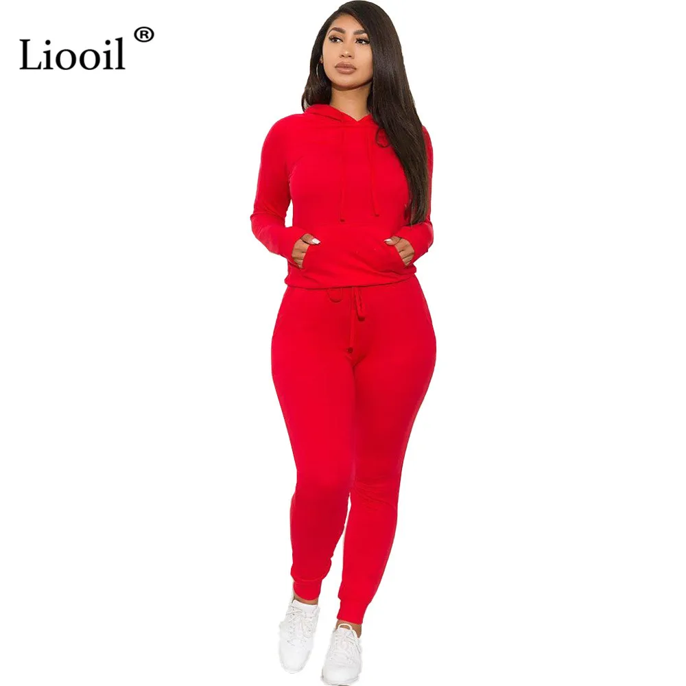 Liooil красный спортивный костюм женский комплект из двух предметов осень длинный рукав с капюшоном толстовка с карманом и спортивные штаны костюм для бега набор - Цвет: Красный