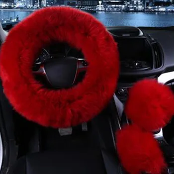 

Steering Wheel Cover Winter Warm Imitation Wool Hand Brake Cover Shift Lever Cover 14 1/2 to 15 Inches 1 Set 3 Pieces