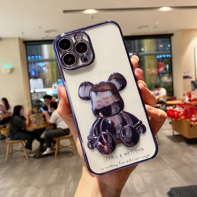 Cute Bear Plating Phone Case for iPhone 13 12 11 Pro Max X Xs Xr 8 7 Plus SE 2020 Transparent Silicone Lens Protection Cover Purple