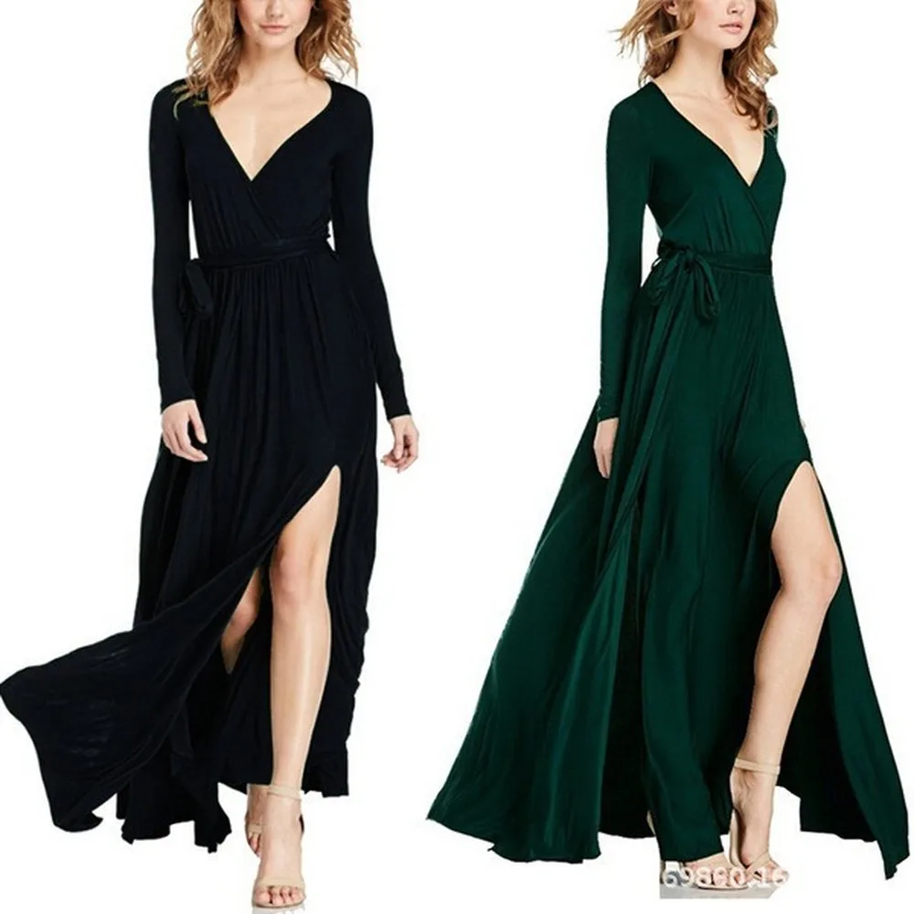 2021 spring and summer black dark green long sleeve V-neck solid sexy lace up patchwork temperament commuter elastic waist dress