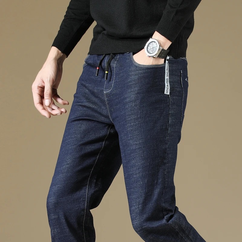 Tide Men Business Casual Slim Fit Elastic Jeans Fashion Printed Male Elastic Waist Drawstring Cotton Skinny Denim Trousers