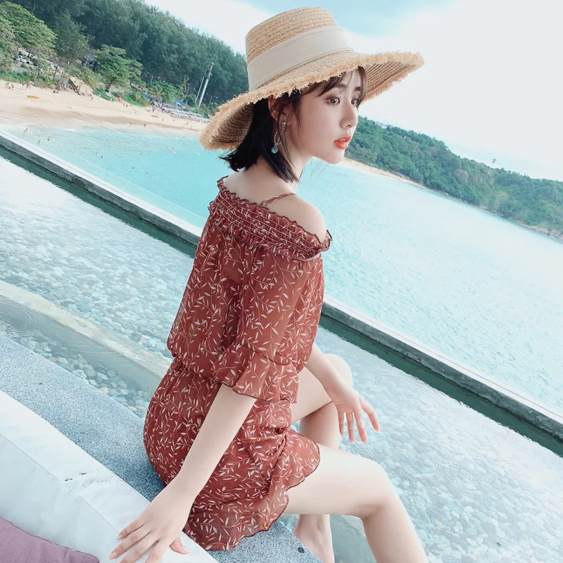 

2019 Swimsuit Women's Split Type Culottes Bikini Three-piece Set Cover-up Belly Covering Slimming Small Bust Gathering Korean-st