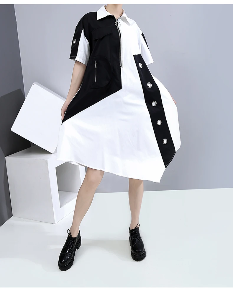 New Fashion Unique Style Tide Shirt Dress Zipper Pocket Patchwork Plus Size Dresses