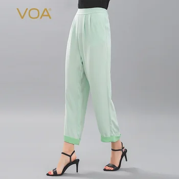 

VOA heavyweight silk candy green elastic yoke pleated crotch wide hip fat leg curled small feet nine point radish pants K1061