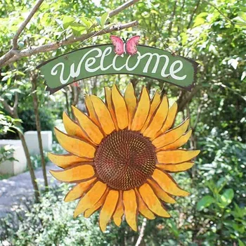 

Garden Welcome Signs Metal Hanging Decorative Sunflower Outside Hand-Painted Welcome Plaque for Front Door