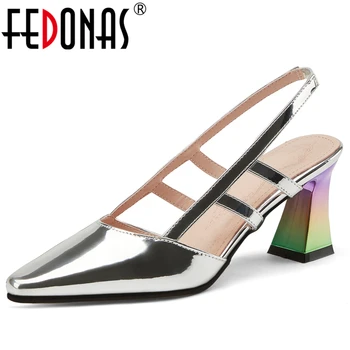 

FEDONAS Fashion Concise Women Cow Patent Leather Sandals Hollow Out Narrow Band Pointed Toe Back Strap Summer New Shoes Woman