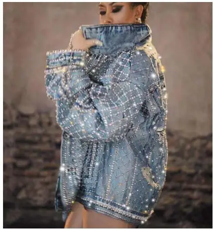 New Sparkly Rhinestones Denim Jacket Outfit Sexy Blazer Fashion Design Dancer Dj Singer Stage Wear Nightclub Dance Costume