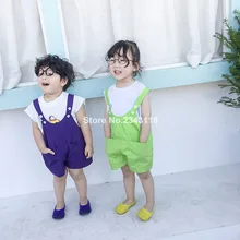 Корейский стиль, летние однотонные свободные комбинезоны для мальчиков и девочек г., Детские хлопковые универсальные повседневные шорты на подтяжках