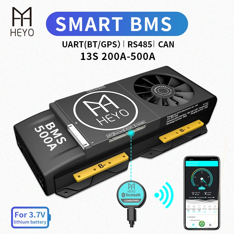 HEYO Smart BMS Li-Ion 13S 48V 200A 250A 300A 400A 500A Bluetooth BT GPS APP UART RS485 CAN NTC батарея с вентилятором для