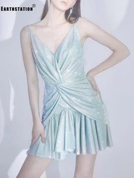 

Free shipping Sexy leaky shoulder cross pleated Zou silver silk bronzing ruffled suspenders dress ladies summer new temperament