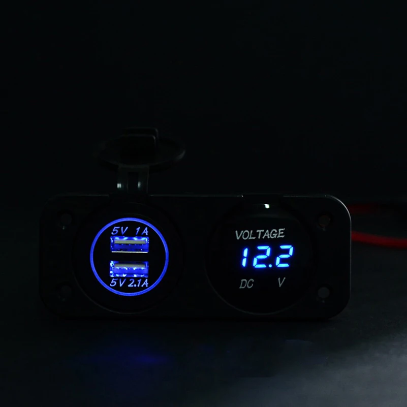 DC 12 V-24 V светодиодный цифровой вольтметр+ Dual USB Мощность гнездо Панель 2.1A/1A USB Зарядное устройство для автомобилей Boat Rv мотоцикл зеленый синий и красный цвета - Название цвета: Синий