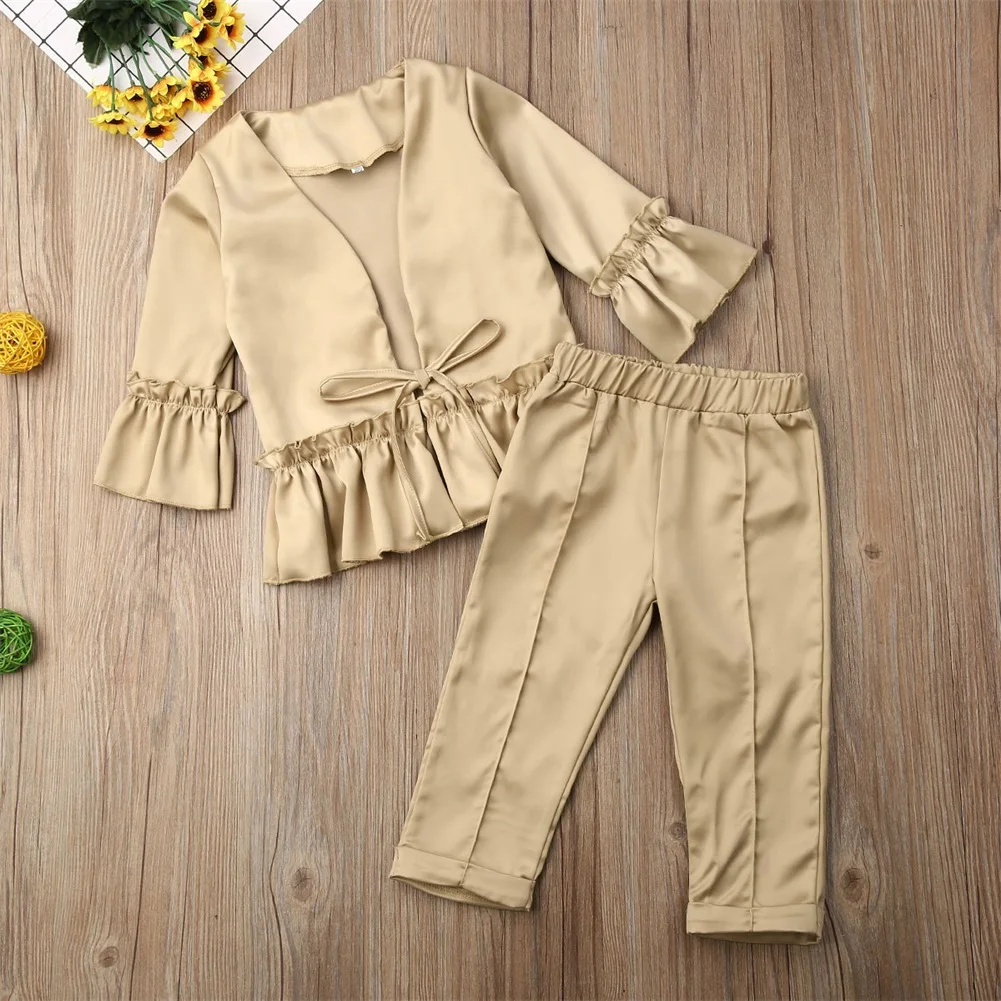 2-7Y модная детская одежда для маленьких девочек; комплекты одежды; однотонная куртка с оборками и рукавами; комплект из топа и штанов