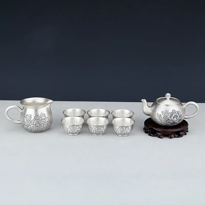 

999 sterling silver tea set complete set, hand-carved peony silver teapot, silver tea cup, high-end silverware gifts
