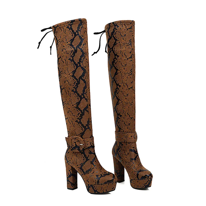 Meotina Winter Thigh High Boots Women Snake Print Thick Heel Over The Knee Boots Slim Stretch Super High Heel Shoes Ladies 33-46 - Цвет: Коричневый