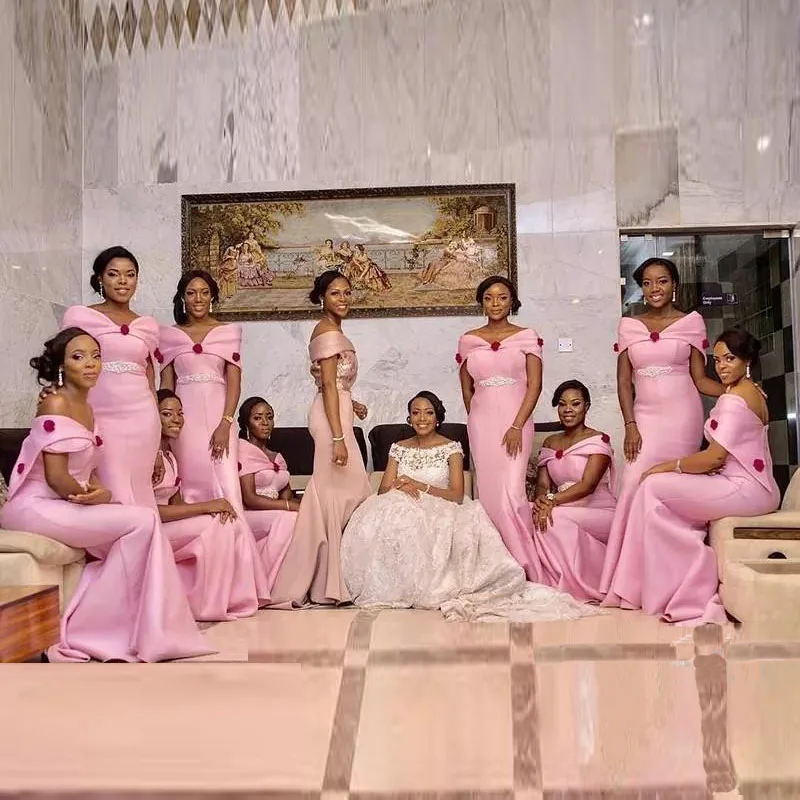 Розовый Размера плюс розовые платья подружки невесты Aso Ebi Русалка расшитые бисером 3D цветочные платья с открытыми плечами Размер s доступные Свадебные платья для гостей - Цвет: Розовый