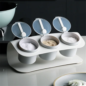 

Three Grid Seasoning Rack Spice Pots Sugar Salt Storage Container With Spoon Kitchen Gadgets Spice Jar Bottle Seasoning Box Set
