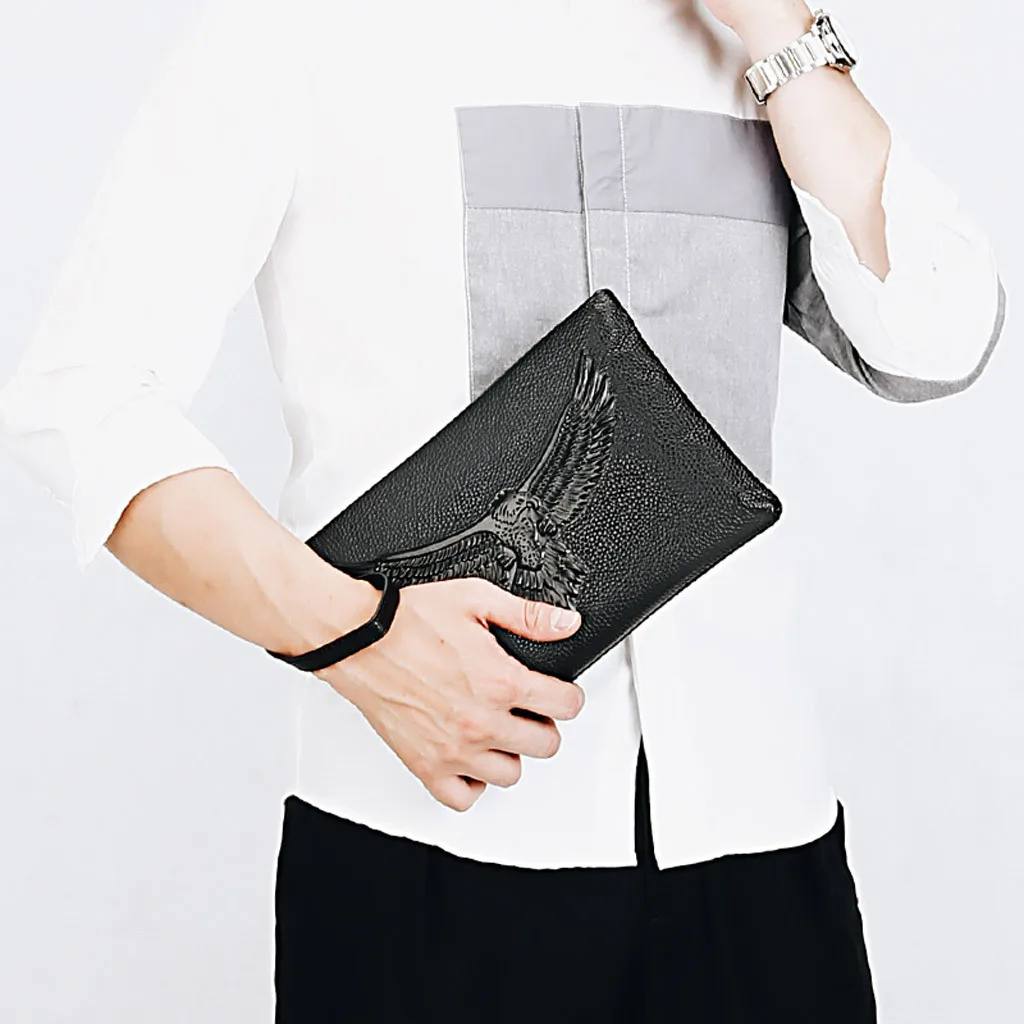 Men Pure Color Leather Wallet Coin Purse Card Holder Black Handbags 8.4