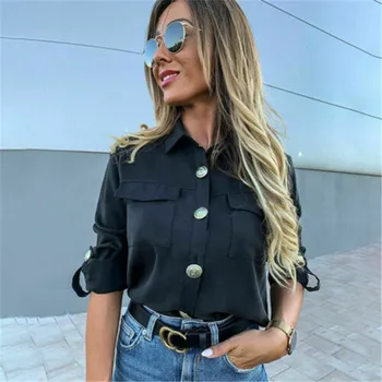 

Women Long Half Sleeve Loose T Shirts OL Clothes Plain Casual Button Office Lady Summer Pockets Detail Tops blusa feminina