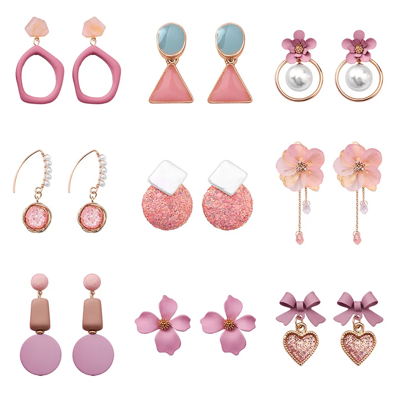 

2019 Korean Pink Earrings Elegant Flower Personality Triangle Geometric Simulated Pearl Earrings For Female Accessories