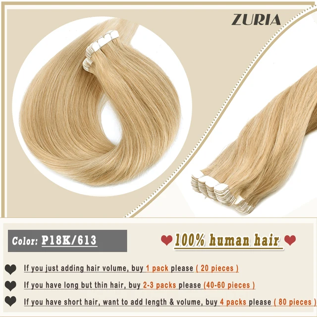 ZURIA Mini Tape In Hair Extensions Machine Remy Natural Hair Extensions Human Hair Straight 20 Inchs Seamless Adhesive Skin Weft P18K-613