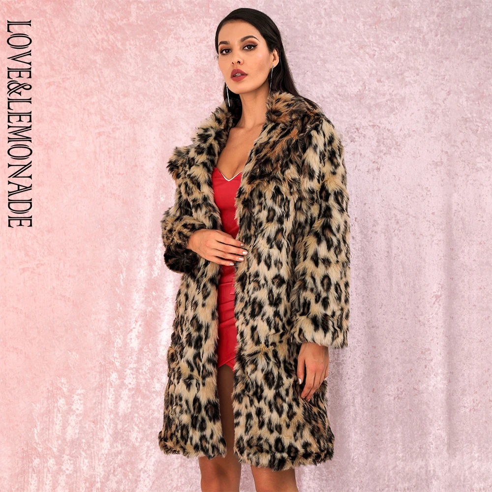 LOVE& LEMONADE сексуальное леопардовое длинное пальто из искусственного меха с отворотом LM90125