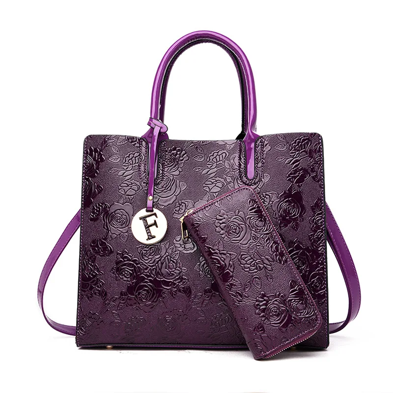

2019 New Style Korean-style Patent Leather WOMEN'S Bag Fashion Rose Embossed Pu Picture-in-Two-Piece Set Handbag