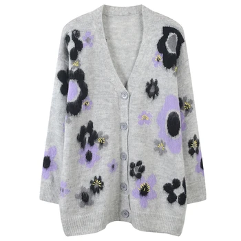 

Casual V-Neck Mohair Cardigan Women Flowers Jacquard Knitted Top Sweater Coat Single Breasted Ladies Oversized Jumper Loose Cute