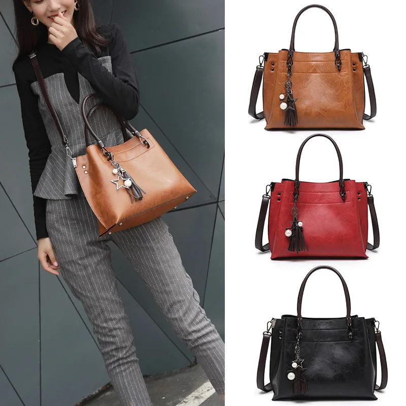

Bag 2019 Fashion New Style Versatile Handbag Retro Simple One-Shoulder Tassels Pendant Solid Color WOMEN'S Bag