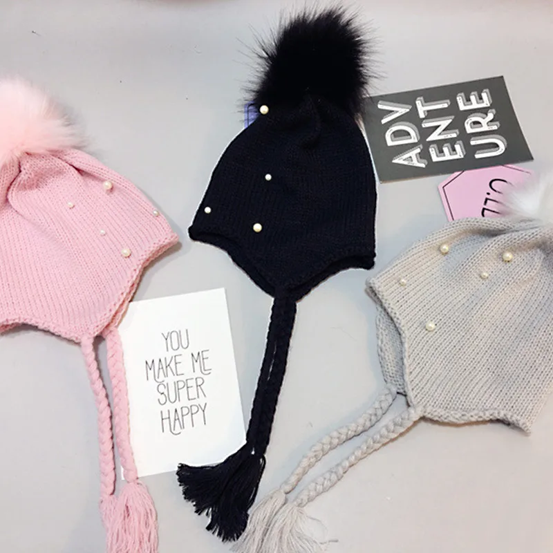 Pearl Beanies Baby Hat Pompom Winter Children Crochet Hat Toddler Boy Girl Warm Earflap Cap Solid Color Cotton Soft Beanie Cover Ears (8)