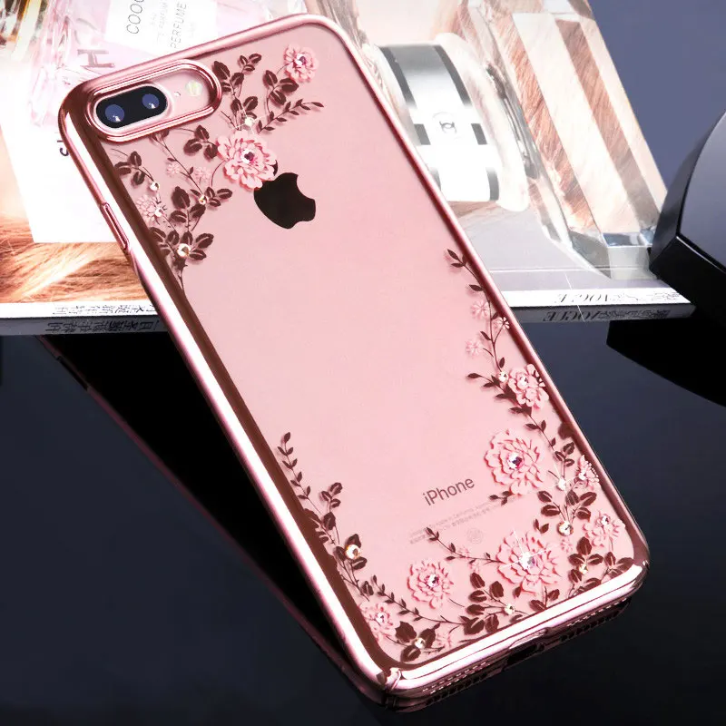 Flower-rose gold Чехол KINGXBAR с украшением в виде лотоса, бриллиантами и кристаллами для iPhone 7, 8 Plus, роскошная брендовая задняя крышка для телефона для женщин, жесткий, прозрачный, противоударный - Цвет: Flower-rose gold