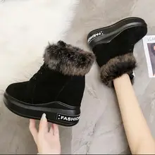 Зимние ботинки из натурального кроличьего меха; женская обувь на танкетке; женские ботильоны на толстой подошве, визуально увеличивающие рост; коллекция года; теплые удобные повседневные ботинки