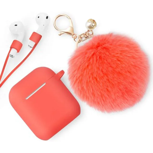 Protective Case multi colors with lost-proof and Keychain hooks lovely hair ball Silicone Bluetooth Earphone For airpods 1 2 1 2Orange