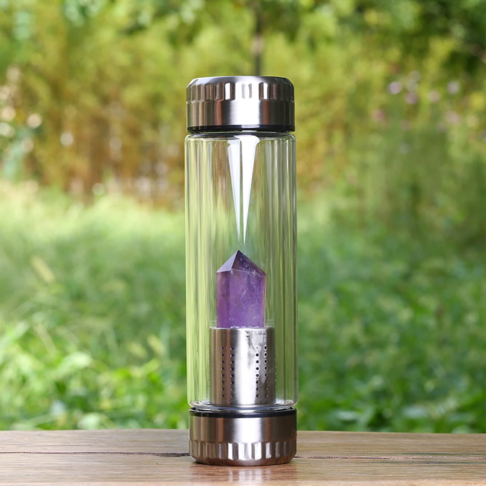 

Creative Natural Crystal Water Bottle Portable Energy Healing Glass Cups Column Energy Stone Quartz Crystal Column Water Cup