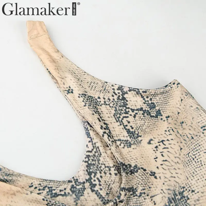 Glamaker, трикотажный короткий топ со змеиным принтом, рубашка для женщин, на одно плечо, неровный воротник, элегантный топ на бретелях, женский сексуальный укороченный топ с открытой спиной