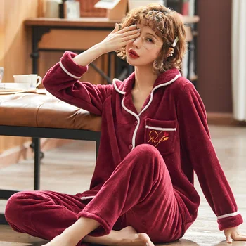 

2020 Winter Pyjamas Women Printing Plus Size Thick Sleepwear Female Turn Down Collar Full Length with Pockets Warm Nighwear