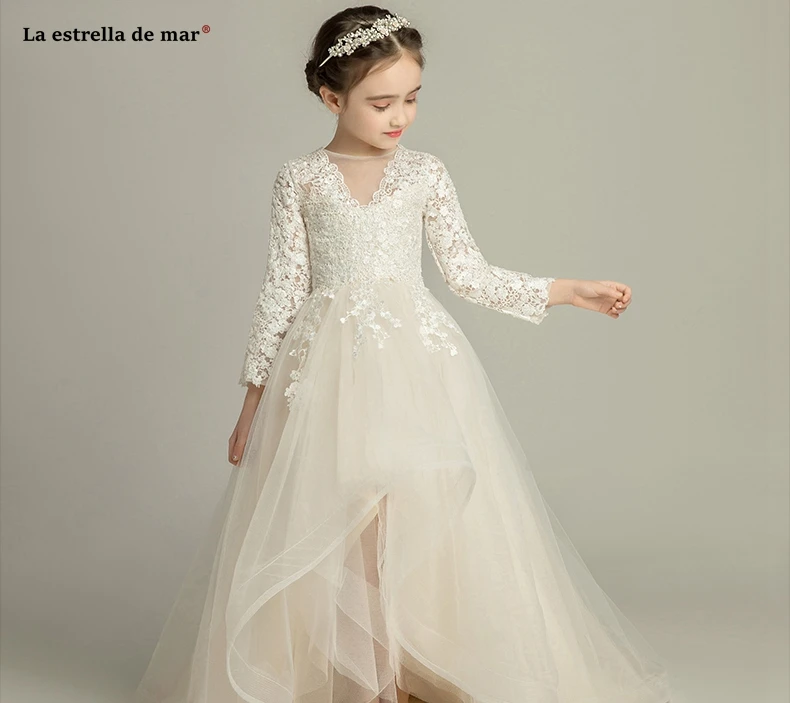 Robe mariage enfant fille/новые кружевные платья трапециевидной формы с длинными рукавами цвета шампанского для девочек со шлейфом, vestidos de comunion sukienki