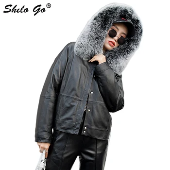 

Genuine Leather Jacket Highstreet Real Fox Fur Collar Hooded Thermal Padded Sheepskin Coat Women Winter Casual Oversized Outwear