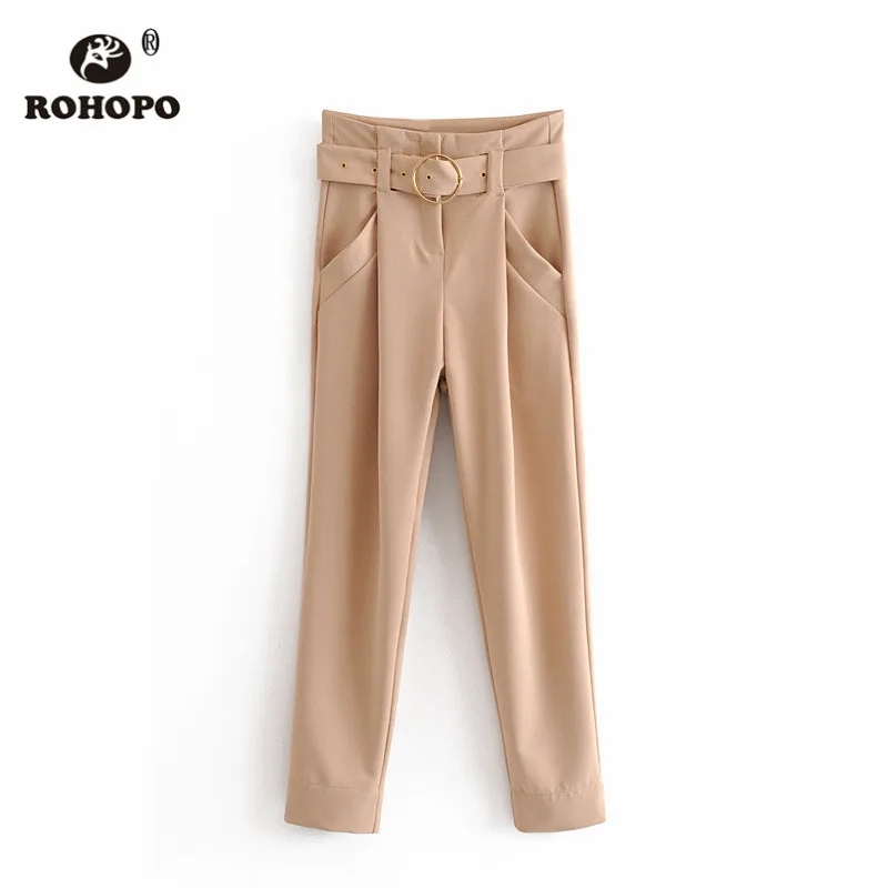 ROHOPO хаки с поясом боковые карманы узкие брюки женские однотонные длинные брюки#1282 - Цвет: NEW