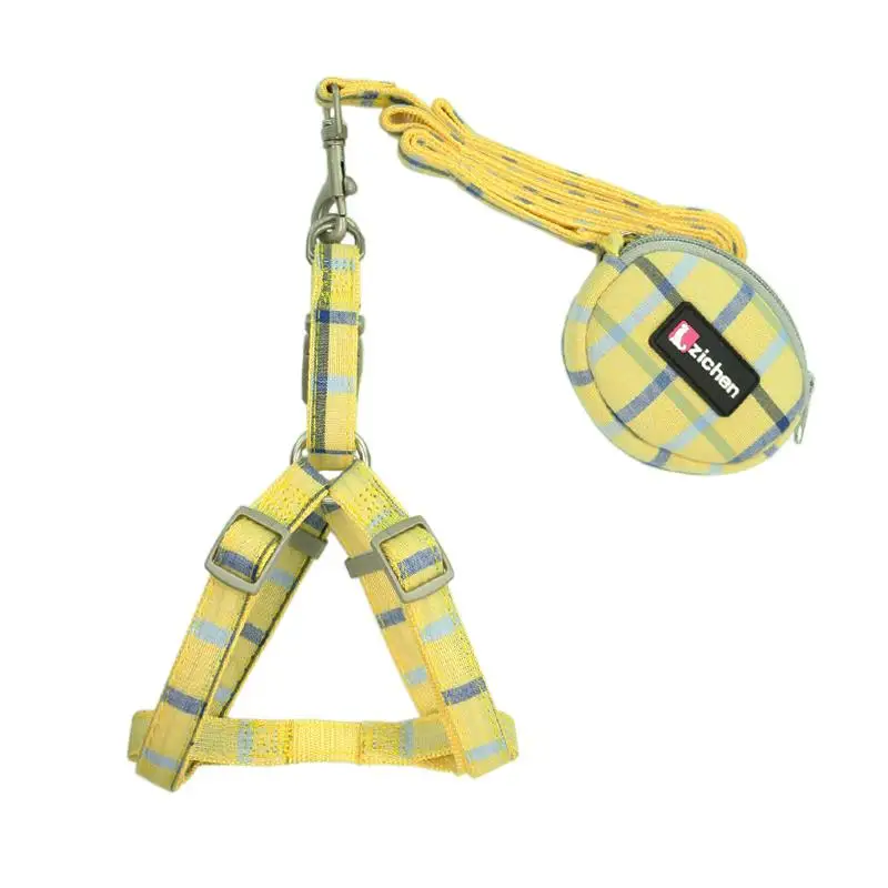 Yellow Nylon Adjustable Dog Harness Leash Set Snack Bag Fashion Lattice Thicken For Large Medium Small Dogs Harness Leashes 5 Colors - Цвет: Yellow